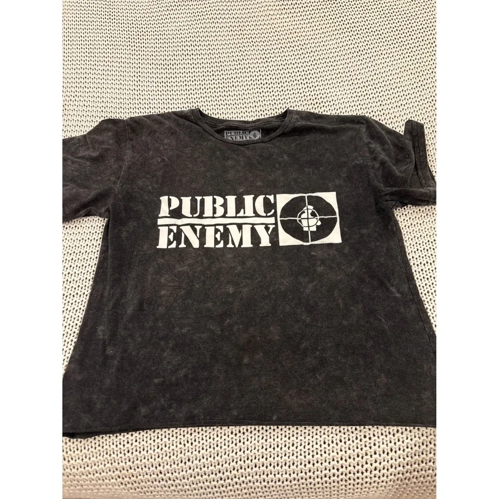 Public Enemy Official Graphic Tee Shirt Gray Acid Wash Raw Hem Mens Medium